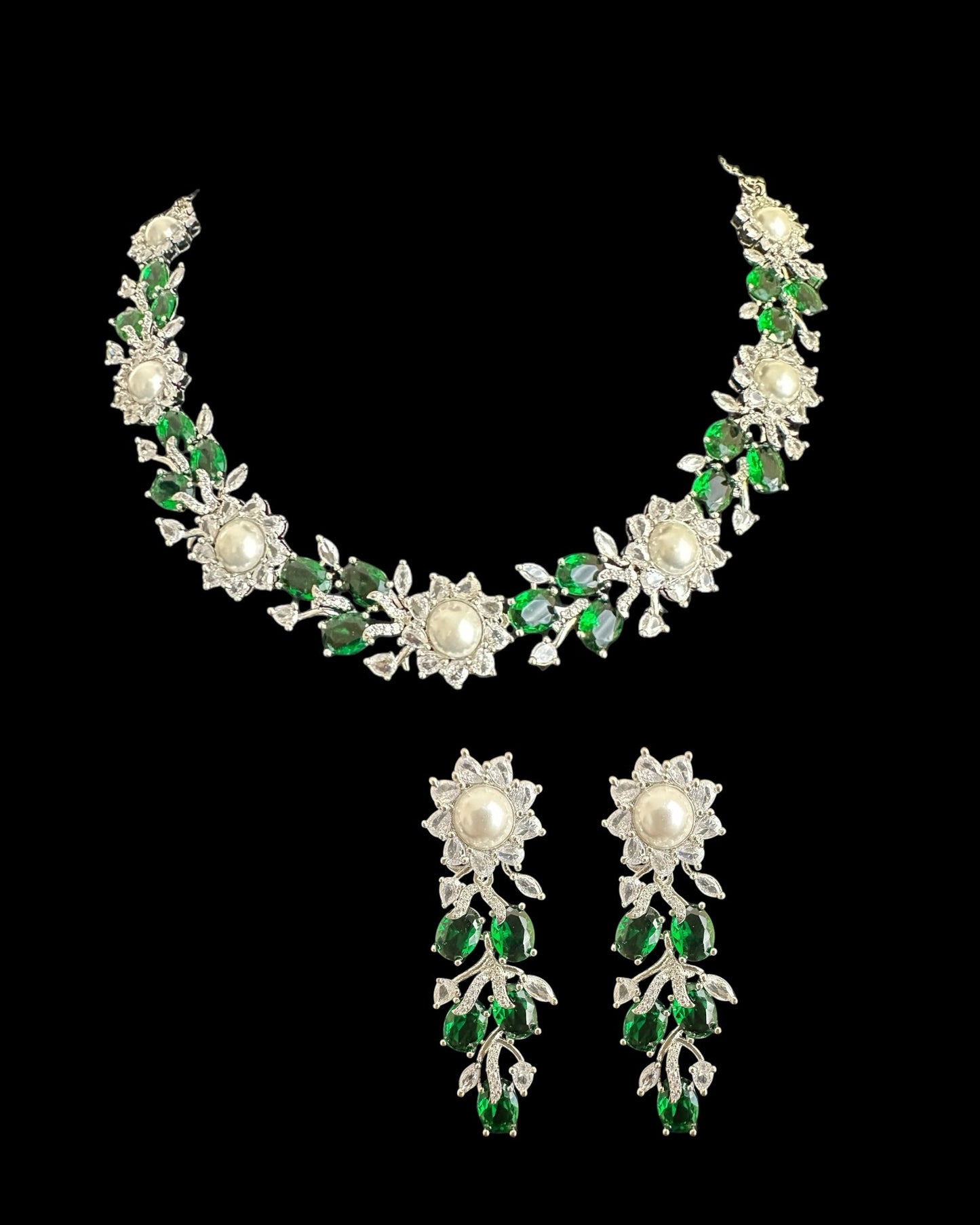 DNS137G silver plated necklace set - Green / Emerald ( READY TO SHIP )