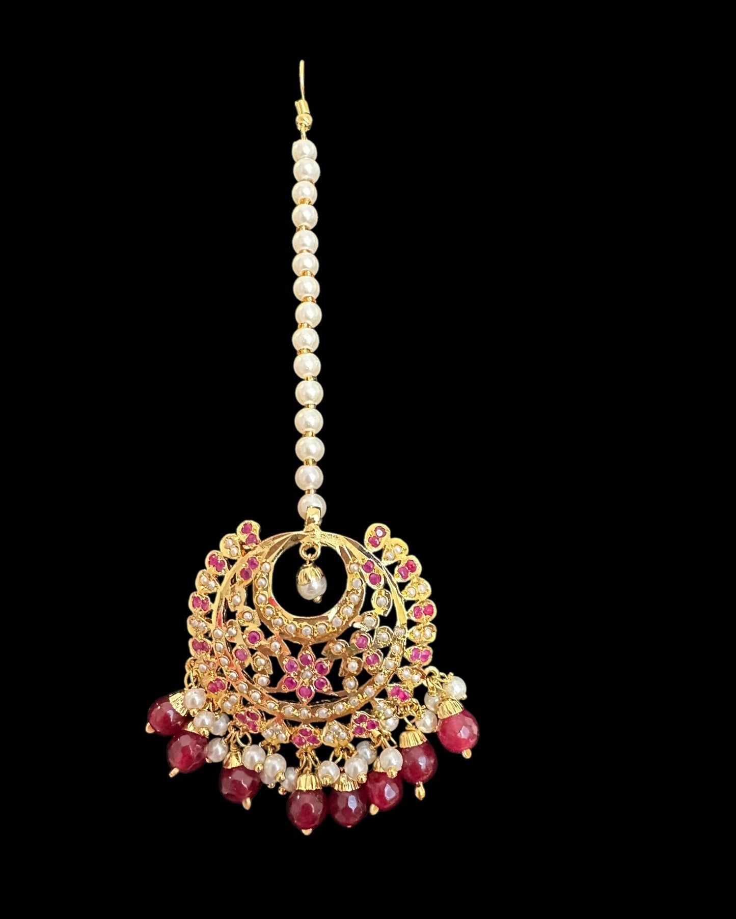Dafiya ruby pearl Chandbali Earrings & Tika Set | Ships in 4 weeks | Deccan Jewelry