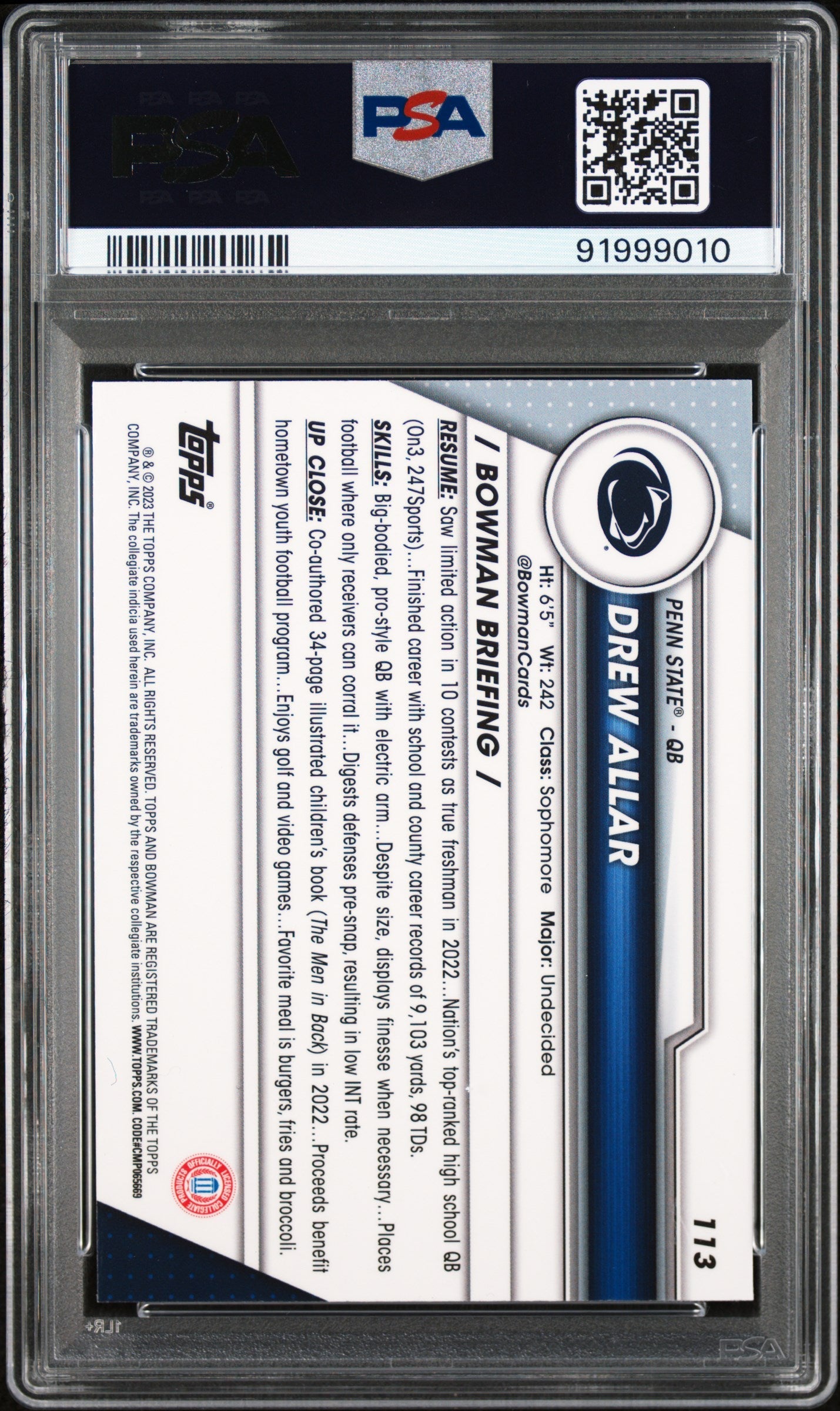 Graded 2023 Topps Bowman U Chrome Drew Allar #113 Rookie RC Football Card PSA 10 Gem Mint