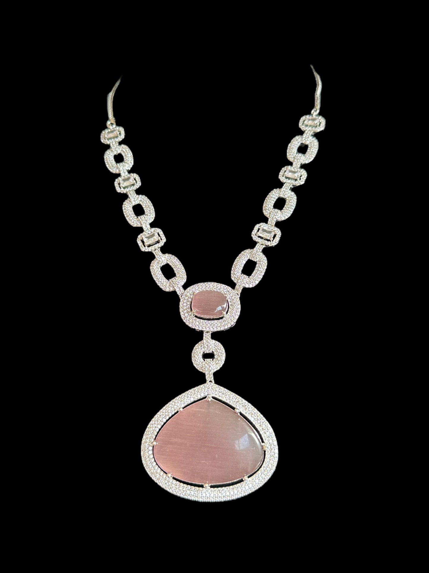 DNS98 CZ necklace set in pink - silver plated ( READY TO SHIP )