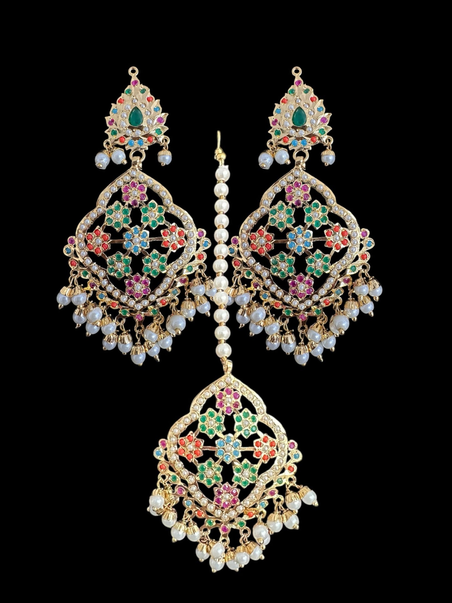 Mehru Jadau chandbali earrings tika in navratan ( SHIPS IN 3 WEEKS )
