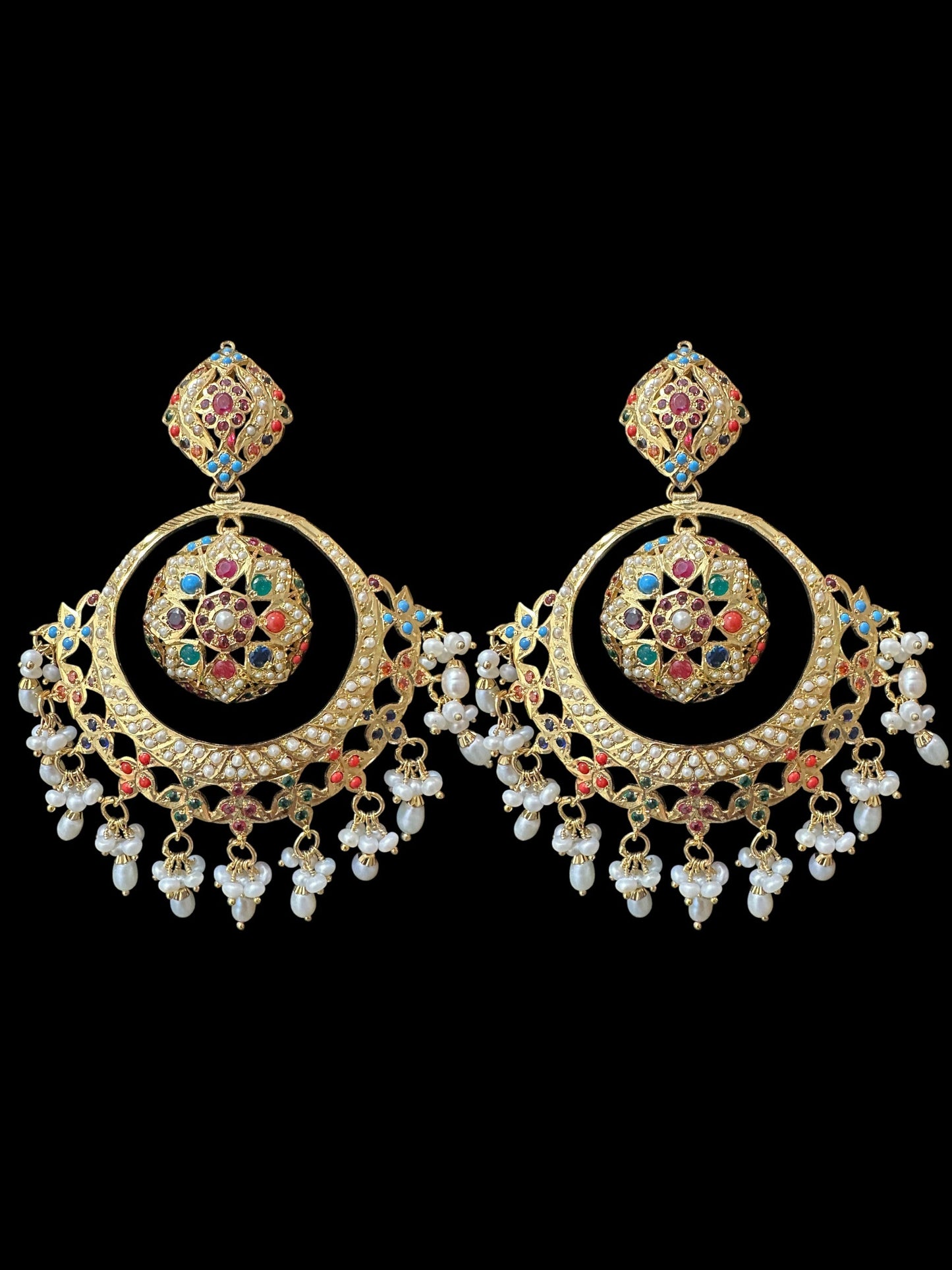 92.5 Silver Gold-Plated Earrings in Navratan with Freshwater Pearls – Handcrafted Jadau chandbali
(READY TO SHIP )