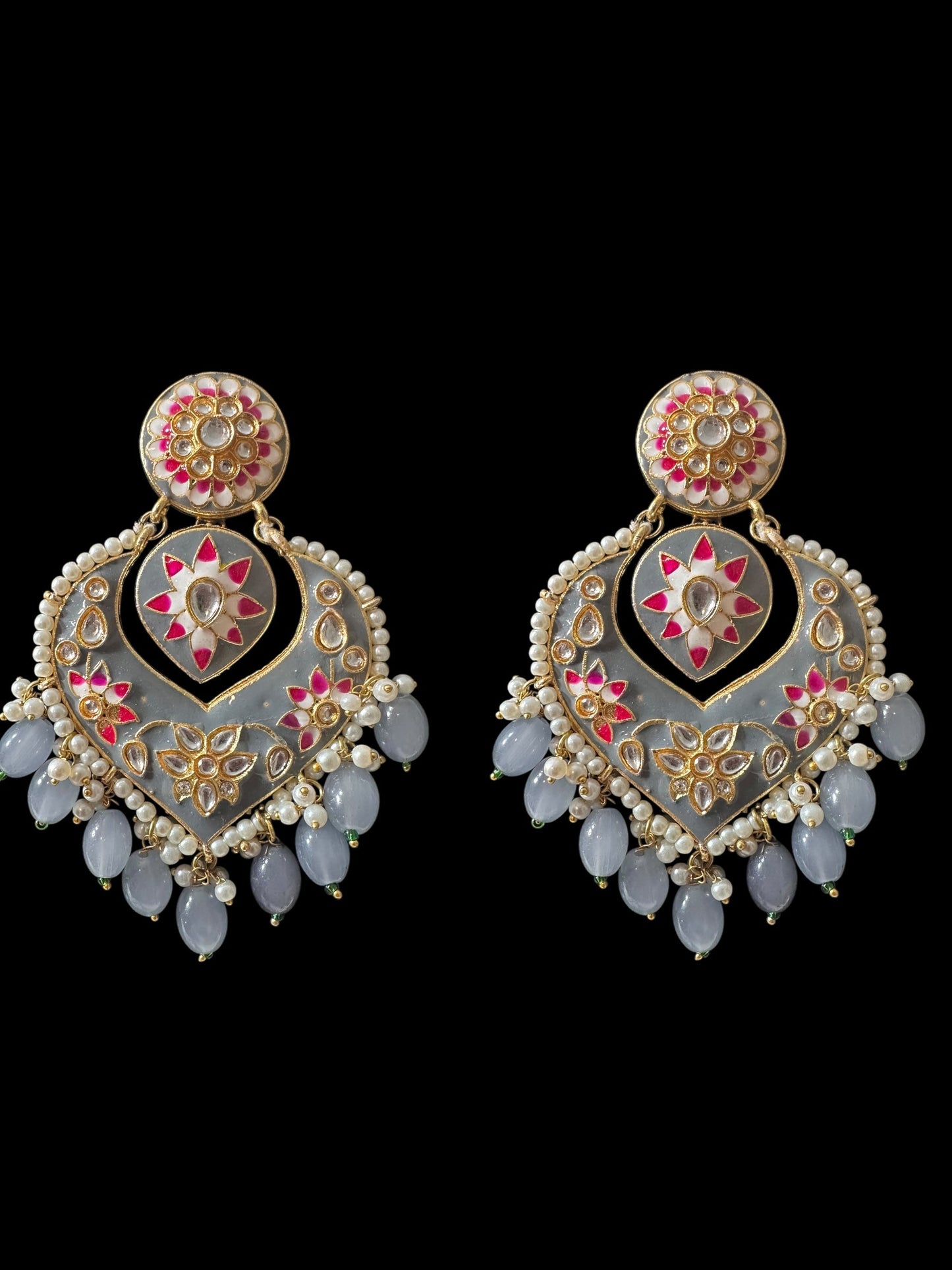 DER800 large sized kundan earrings- Grey ( READY TO SHIP )