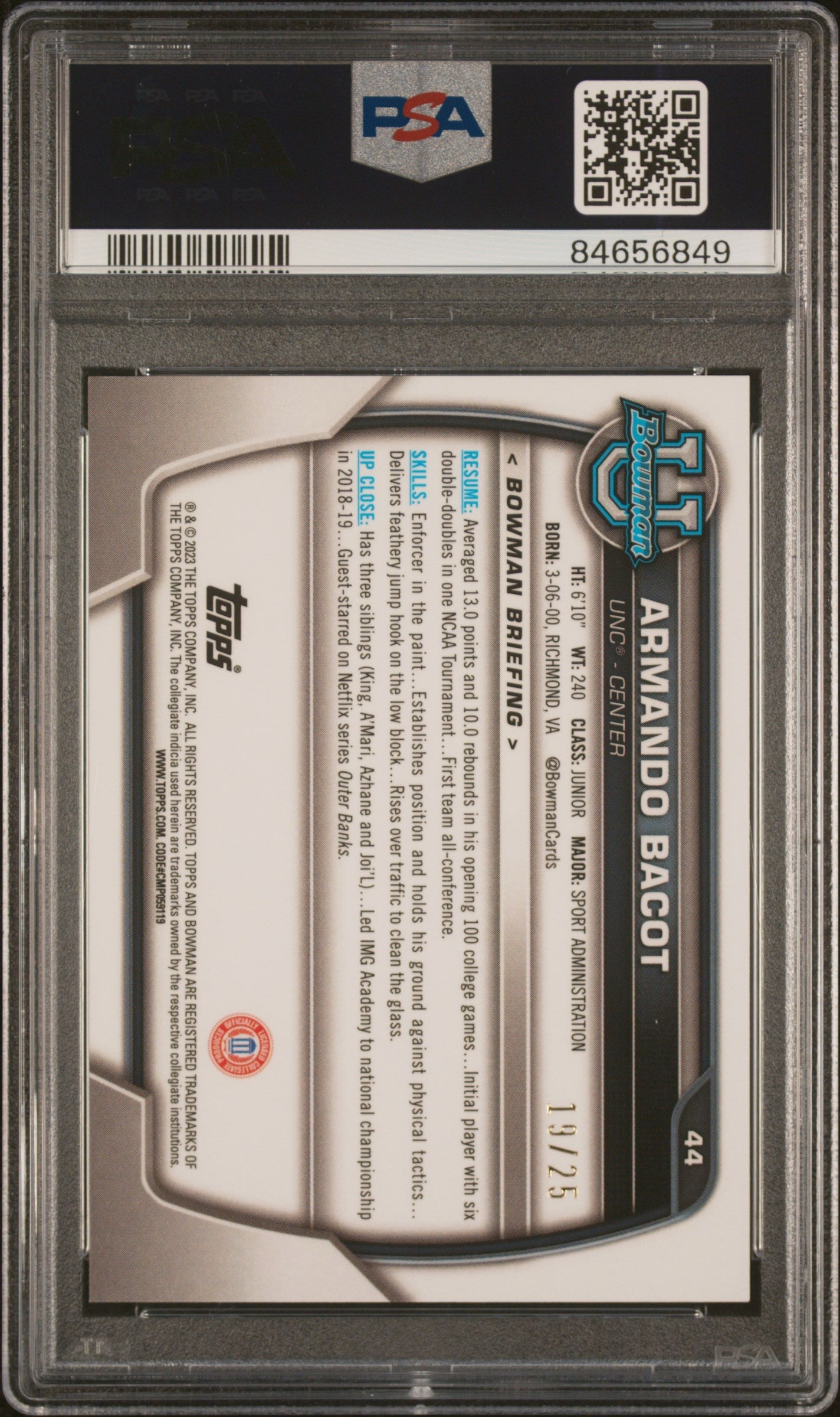 Graded 2022 Topps Bowman University Armando Bacot #44 Orange Refractor Rookie RC Basketball Card PSA 10 Gem Mint