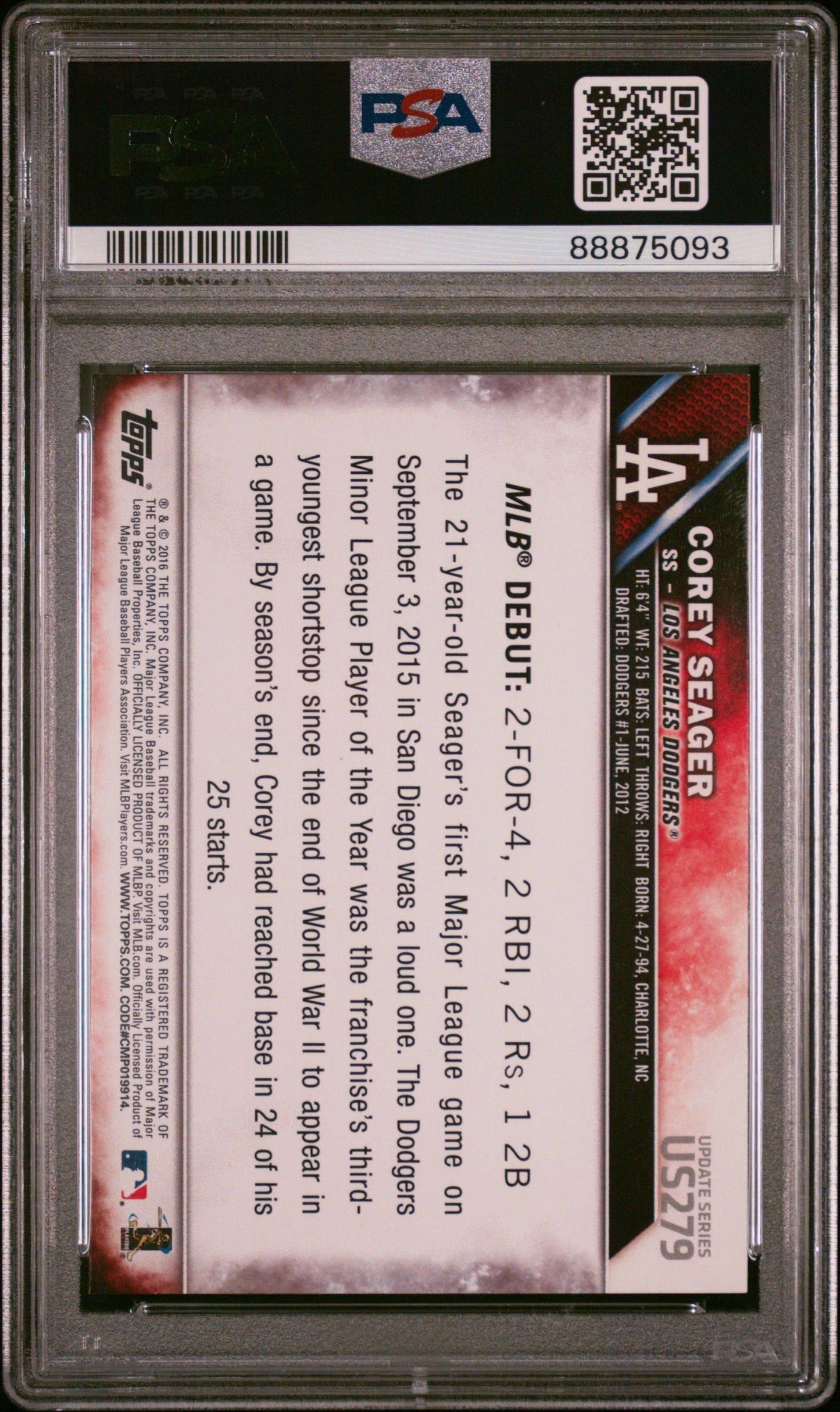 Graded 2016 Topps Update Corey Seager #US279 Rookie RC Baseball Card PSA 10 Gem Mint