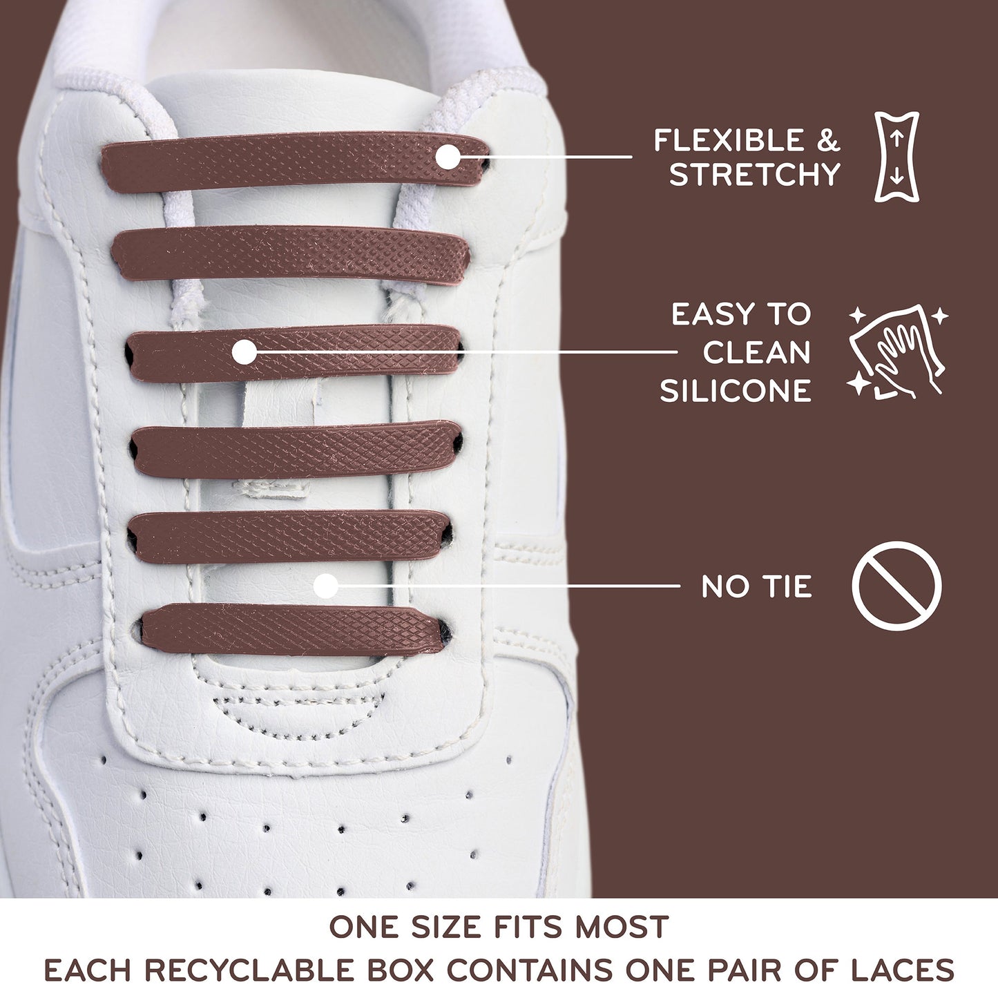 Brown Stretchy Tieless Silicone Elastic Shoelaces | 20 Straps