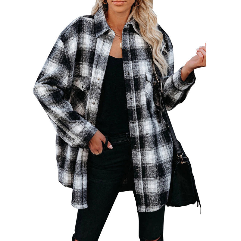 Oversized Plaid Shirt Jacket - Mid-Length Button Up Polyester Blend