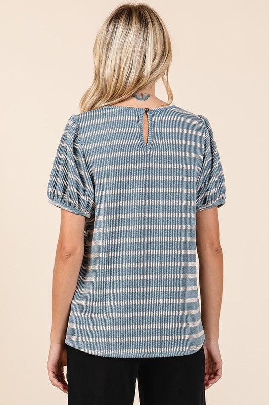 Mittoshop Contrast Striped Short Puff Sleeve Knit Top