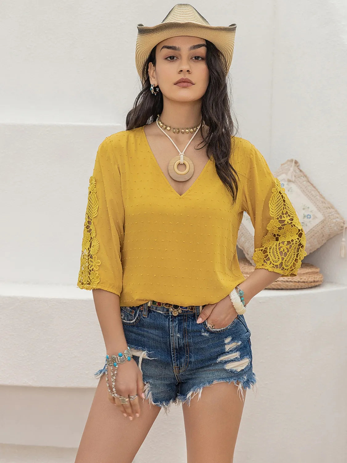 V-Neck Lace Three-Quarter Sleeve Top