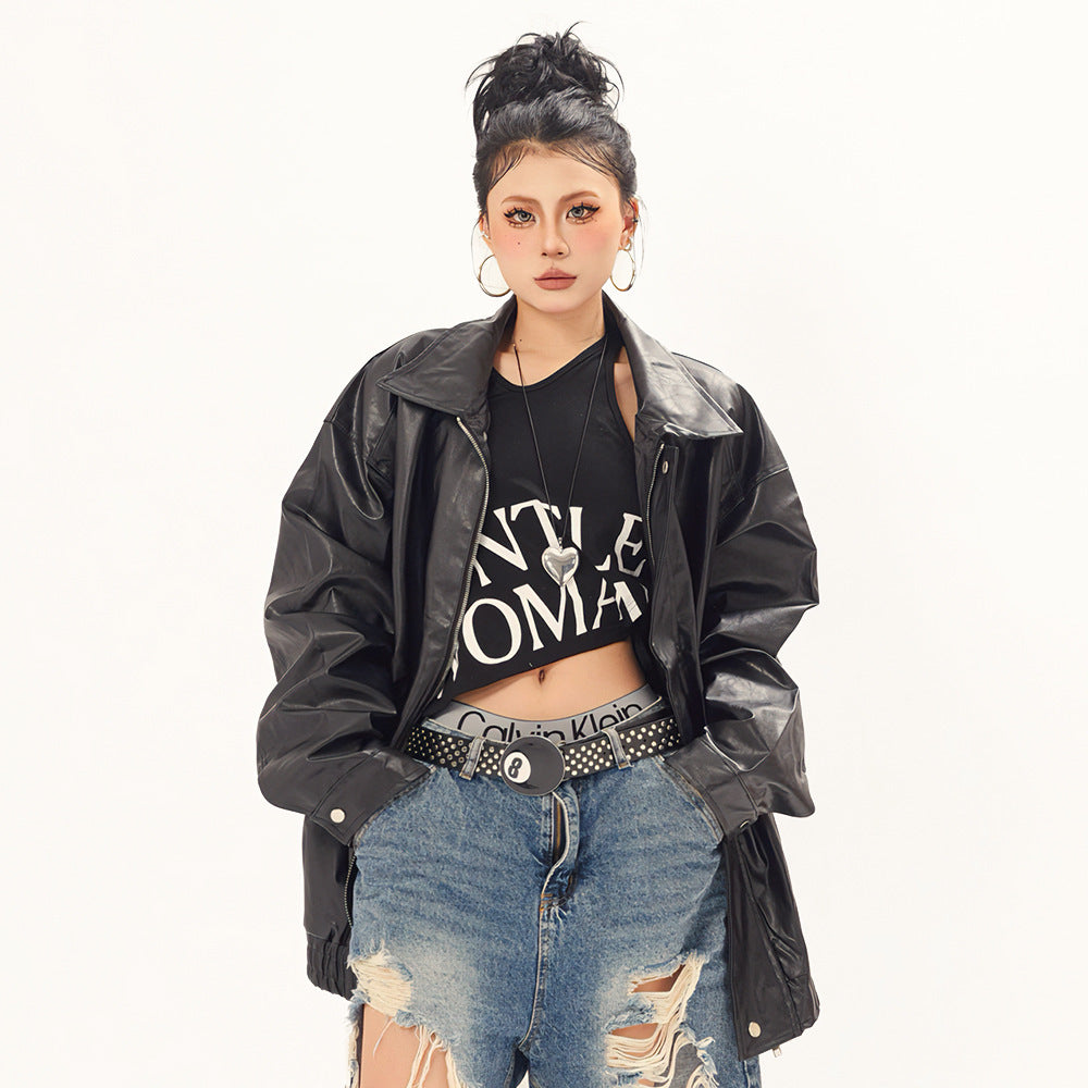Oversized Punk Moto PU Leather Jacket - Vegan Biker Style