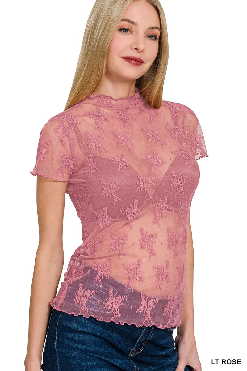 Zenana Lace See-through Layering Short Sleeve Top