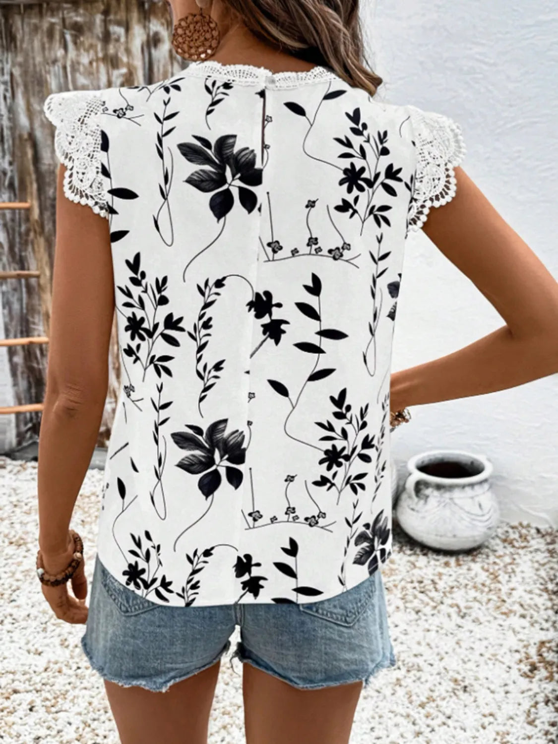 Lace Detail Printed Cap Sleeve Blouse