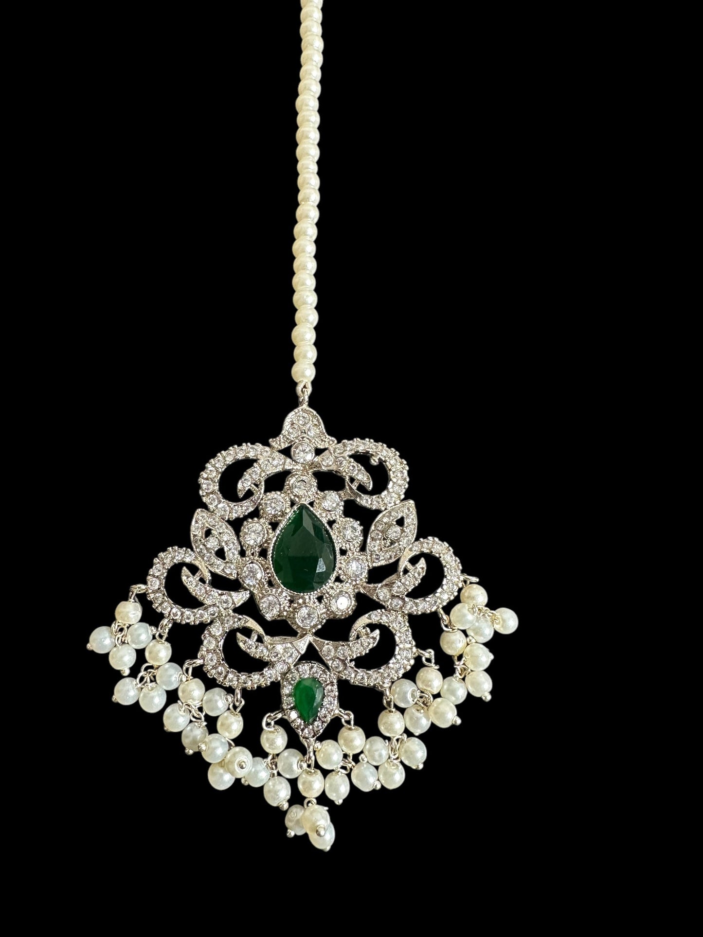 DJET75 Raaga zircon earring tika set in green with silver plating ( SHIPS IN 4 WEEKS )