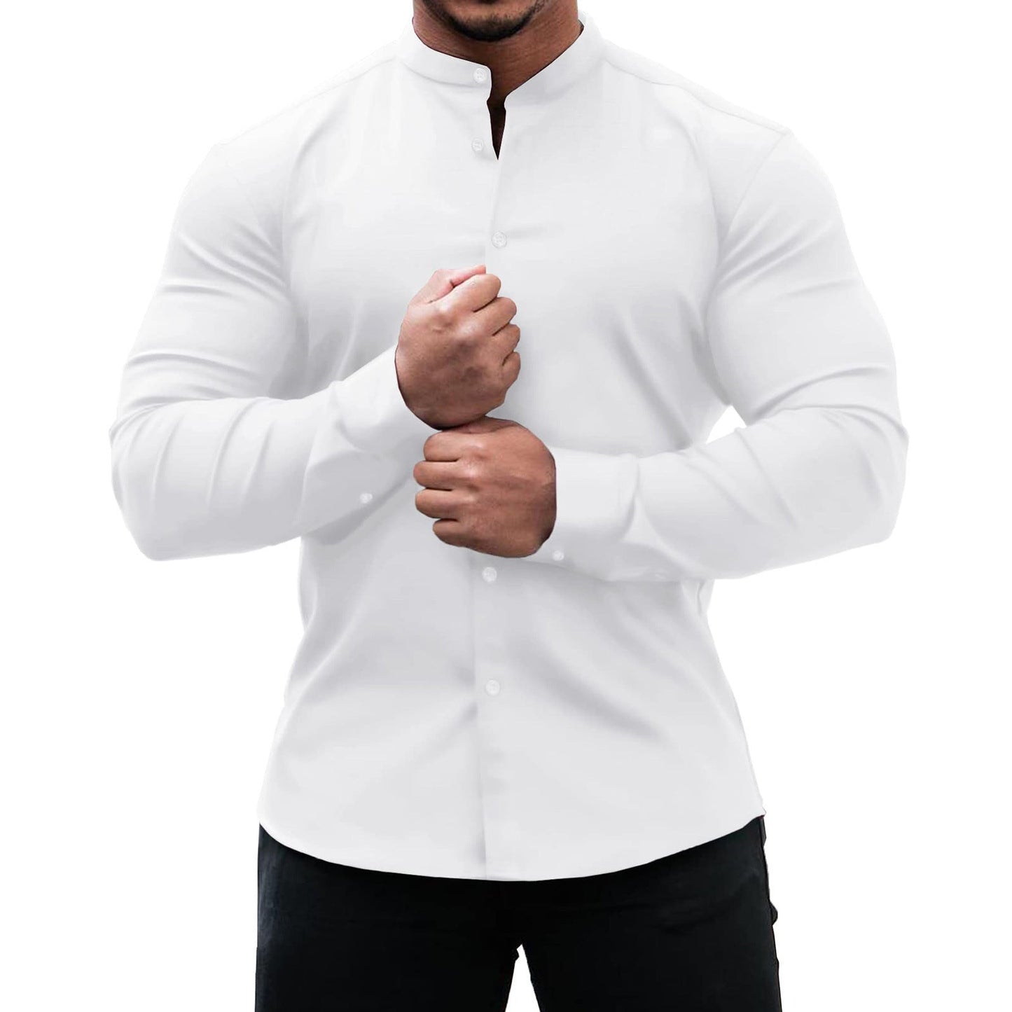 Mandarin Collar Shirt Men - Slim Fit Polyester Long Sleeve