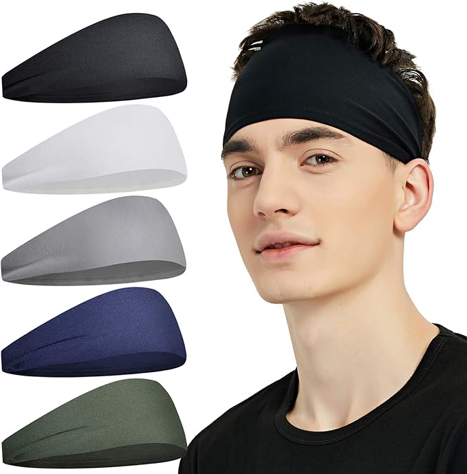 Sports Headbands for Men (5 Pack), Moisture Wicking Workout Headband, Sweatband Headbands for Running, Cycling, Football, Yoga, Hairband for Women and Men