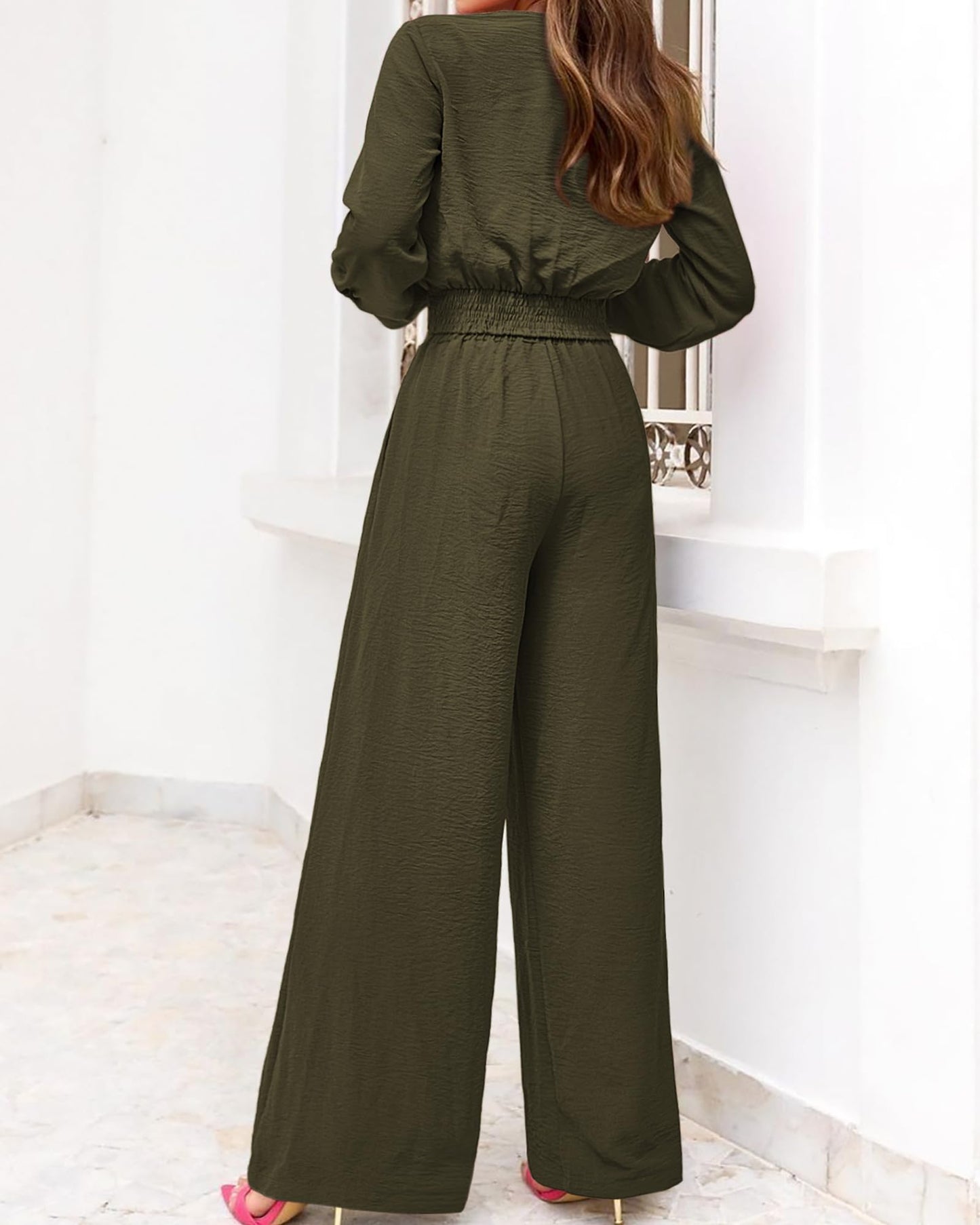 PRETTYGARDEN Women Tunic 2 Piece Sets Smocked Crop Top Wide Leg Pant Sets Dressy Jumpsuits For Work Business Office(Solid Army Green,Medium)
