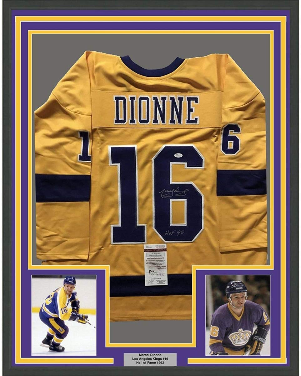 Framed Autographed/Signed Marcel Dionne HOF 92 35x39 Los Angeles LA Yellow Hockey Jersey JSA COA