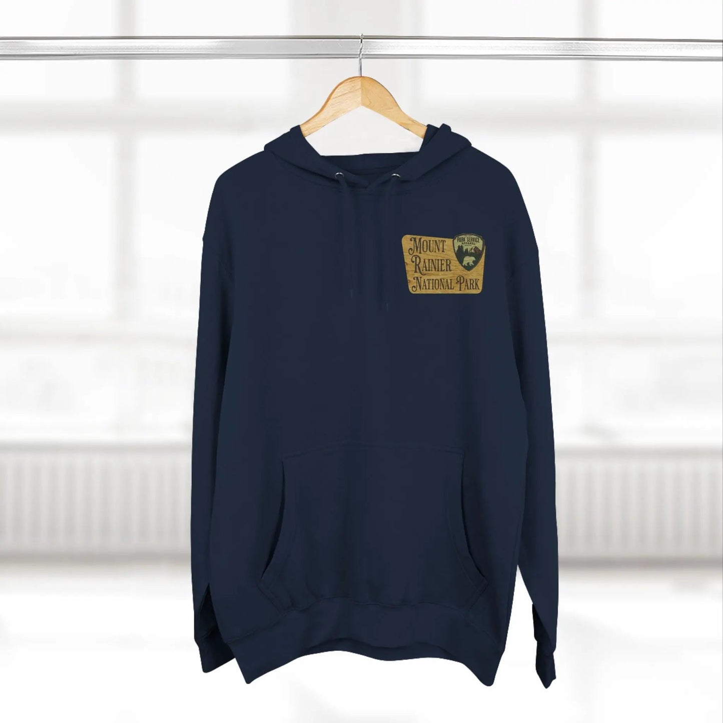 Mount Rainier National Park Fleece Hoodie Unisex Fit Scenic Wooden Mountain Sign