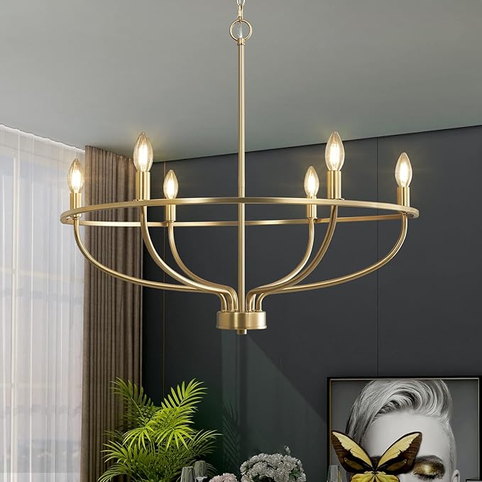 6-Light Gold Chandelier Vintage Candle Chandelier Dining Room Chandelier Over Table for Bedroom, Living Room, Kitchen, 28.54in, E12