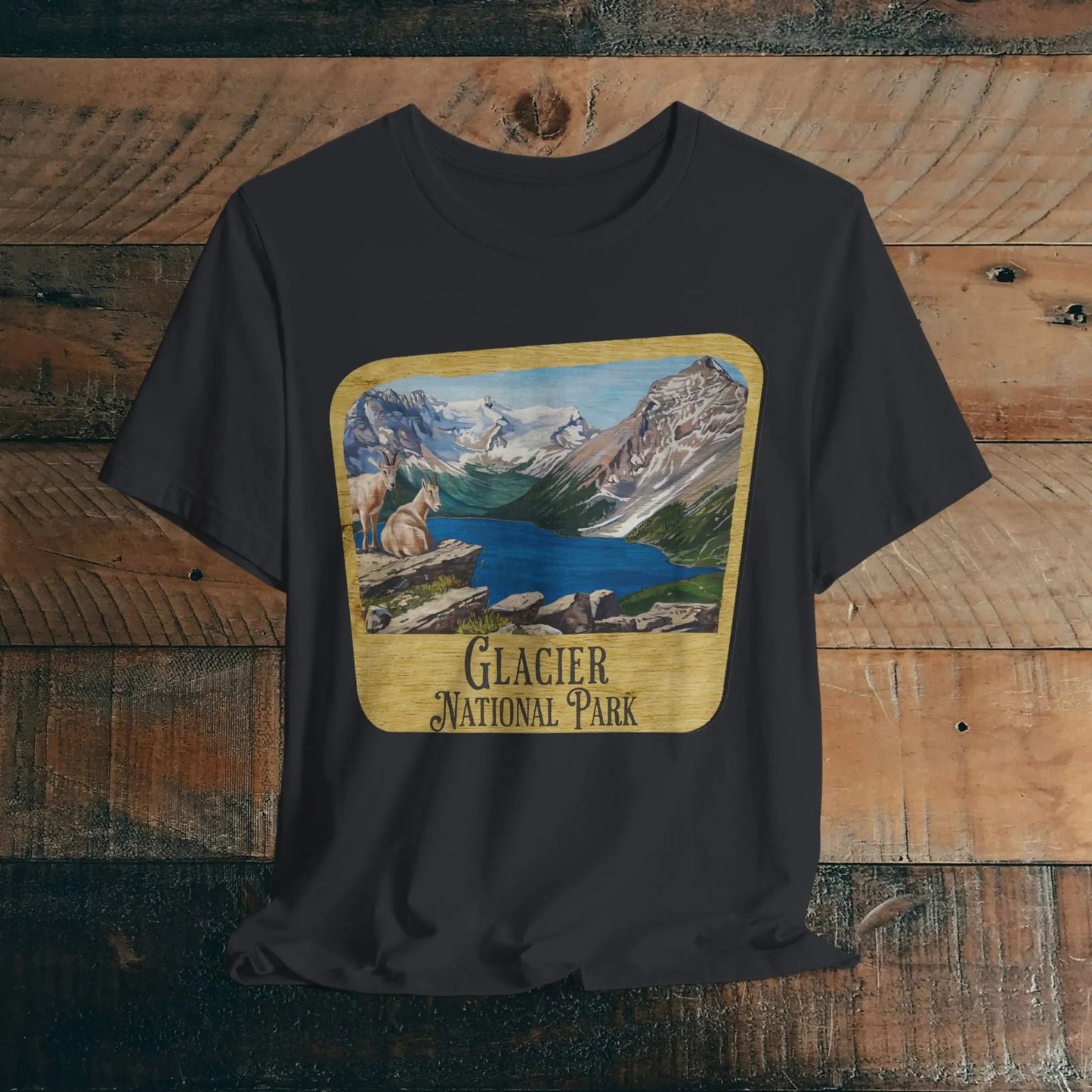 Glacier National Park Unisex Fit Short Sleeve T-Shirt Wood Sign