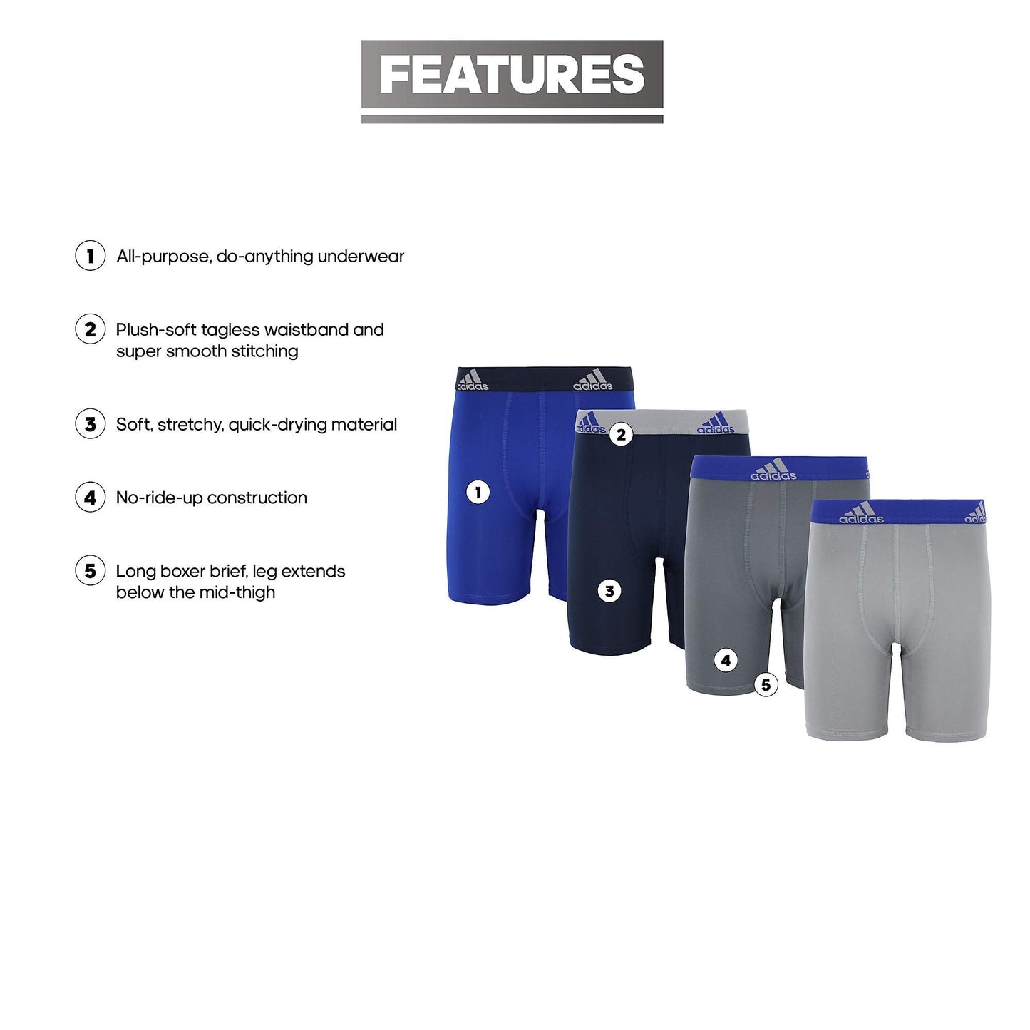 adidas Kids-Boy's Performance Long Boxer Briefs Underwear (4-Pack), Collegiate Royal Blue/Grey/Collegiate Navy, Large