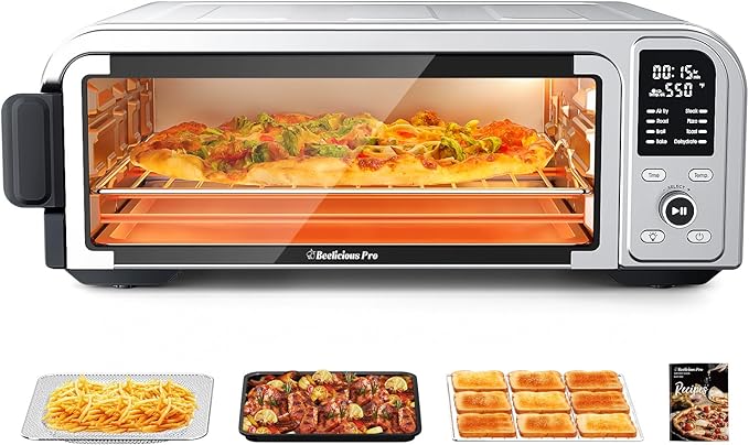 Beelicous Pro 19QT Digital 8-in-1 Air Fryer Toaster Oven, 550ԍF Flavor-Lock Tech, Flip Up & Away Capability, 40+ Recipes, Airfryer Countertop Oven Combo, 4 Accessories, Fit 13" Pizza, Stainless Steel