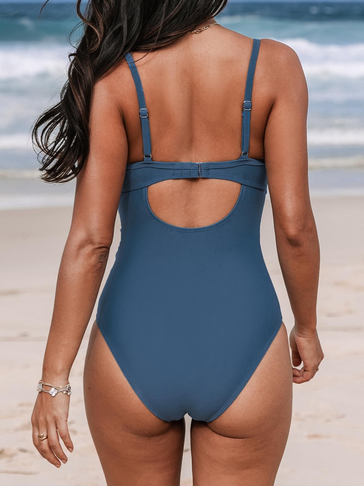 CUPSHE Women's One Piece Swimsuit V Neck Bathing Suit Tummy Control Back Hook Cutout Adjustable Straps, M Navy Blue