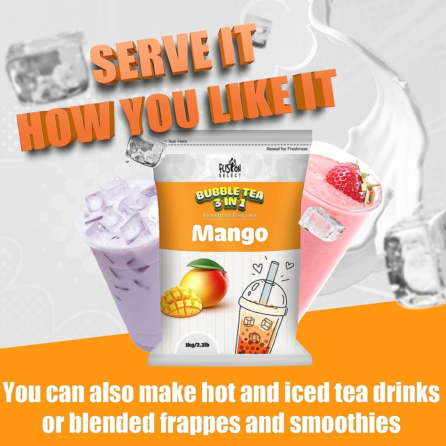 Fusion Select 2.2lb Strawberry Milk Tea Powder Flavored-3-in-1 Drink Boba Tea Powder with Cream & Sugar - Instant Pre-Mixed Beverage for Hot or Cold Blends or Yummy Frappes Bubble Tea