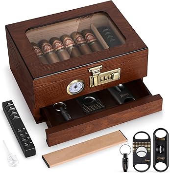 Cigar Humidor, Cedar Wood Humidor Cigar Box, Glass Top Desktop Humidor with Front Hygrometer, Humidifier, Divider, Accessories Drawer and Combination Lock, Cigar Gifts for Men (Brown)