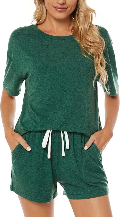 LOCUBE Women's Pajama Sets Soft Comfy Lounge Set Loose Casual Stretch Loungewear Short Sleeve Top and Shorts with Pocket