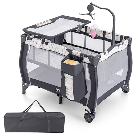 Costzon 3 in 1 Pack and Play with Bassinet, Portable Baby Playard with Changing Table, Bassinet, Music Box, Whirling Toys, Wheels/Brake, Large Basket, Bag (Grey + Water Drop)