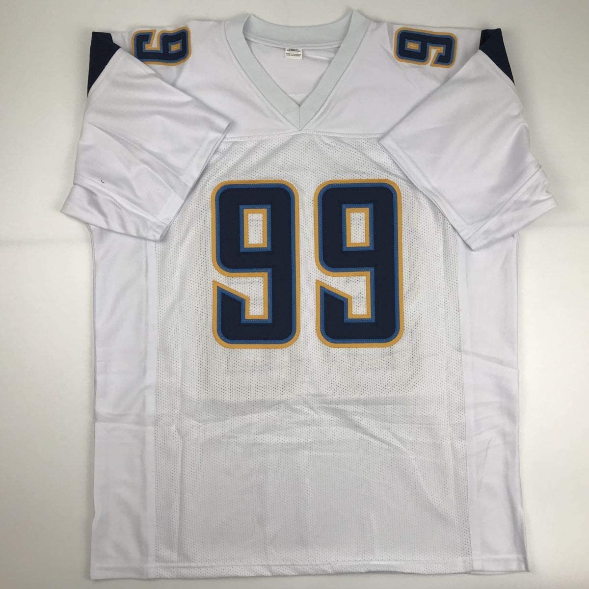 Autographed/Signed Joey Bosa Los Angeles LA White Football Jersey JSA COA
