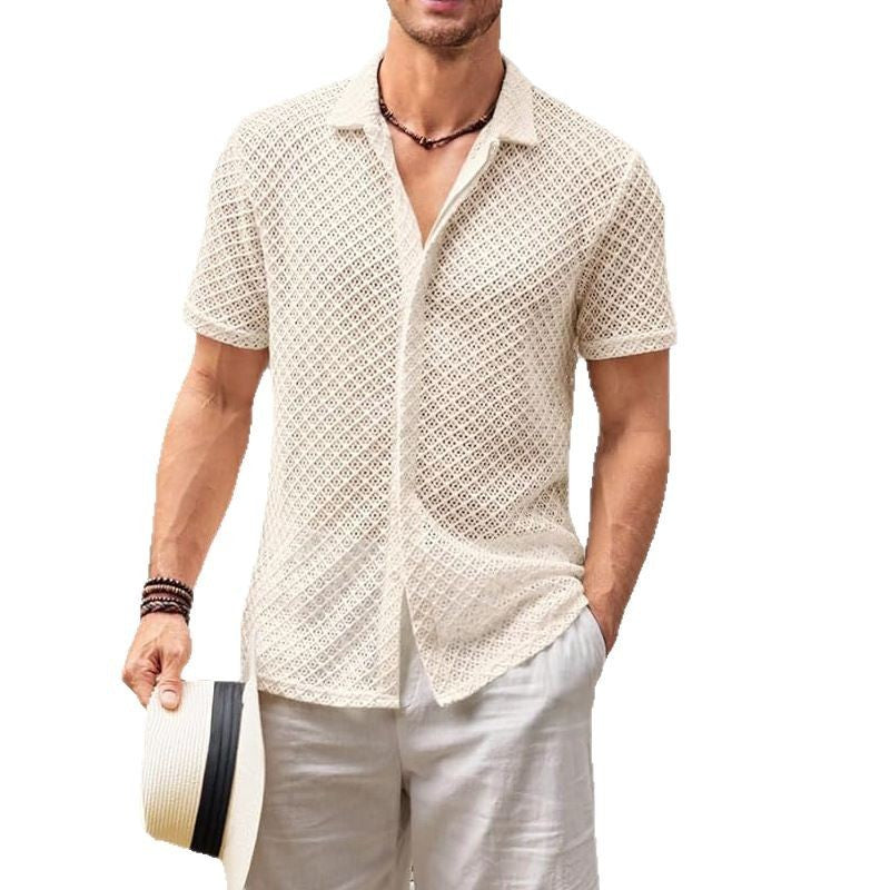 Lightweight Mesh Lapel Shirt - Cotton Blend Short Sleeve Summer Top