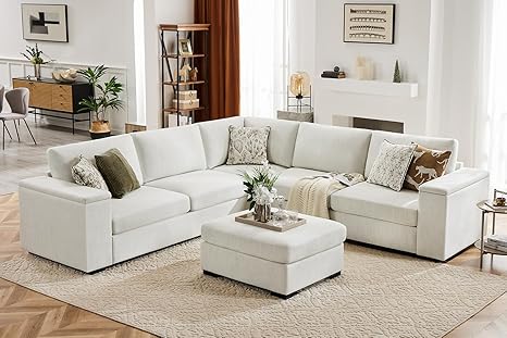 Convertible L Shaped Sectional Sofa, Modular Couch with Detachable Sofa Cover & Storage Armrest, Modern Sectional Sofa Couch for Living Room(7 Seater Sofa with Ottoman, Ivory)