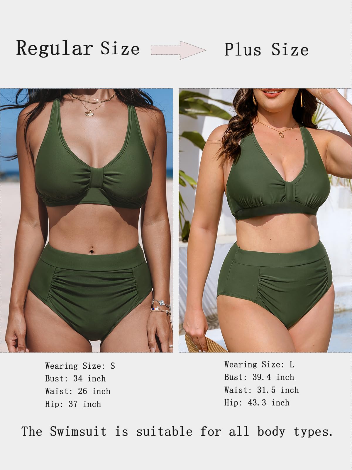 CUPSHE Women's Bikini Sets Two Piece Swimsuit V Neck Knot Front Swimwear High Waisted Shirred Bottom M Army Green