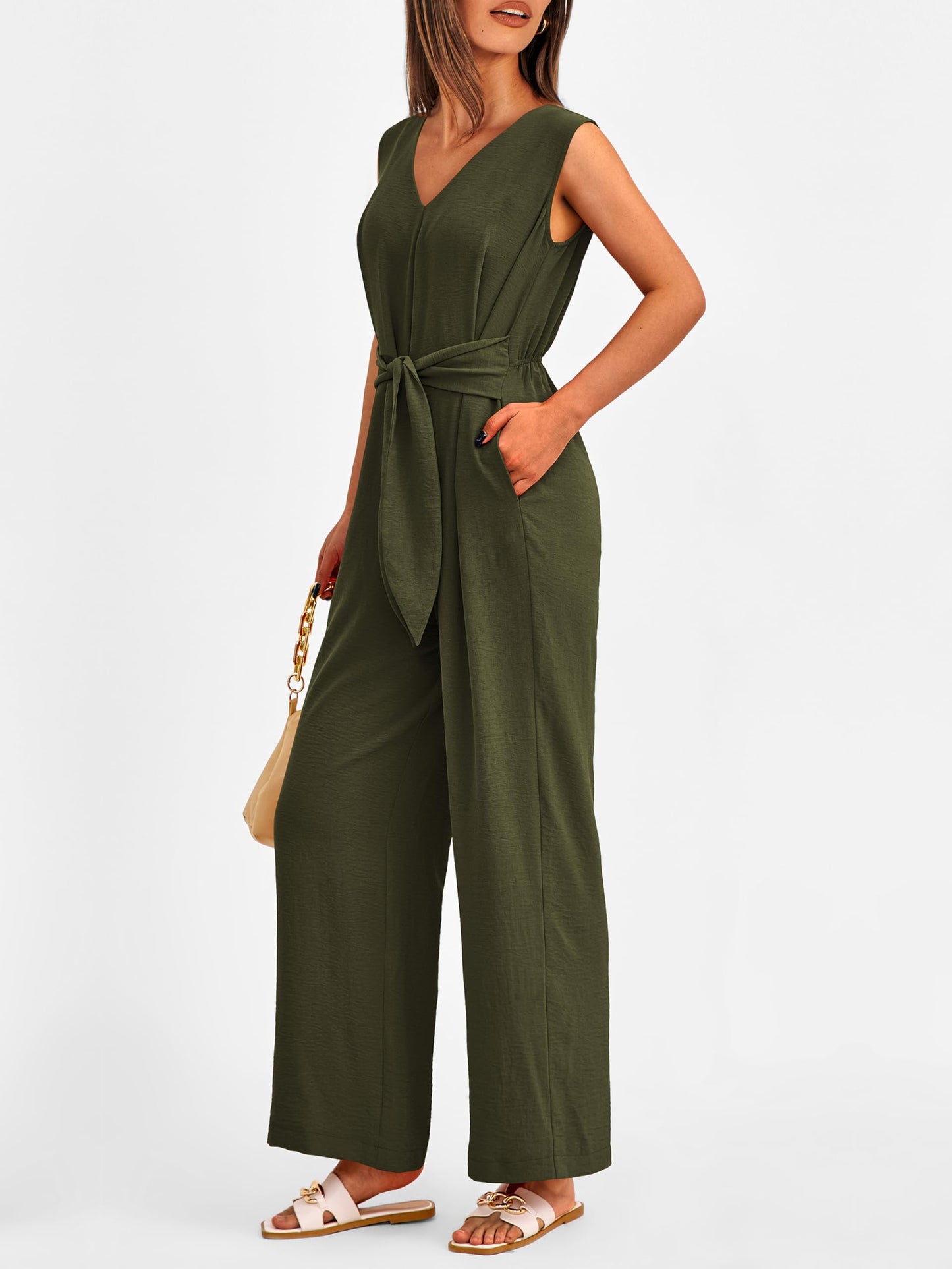 PRETTYGARDEN Summer Outfits 2024 Wide Leg Jumpsuits for Women Casual V Neck Sleeveless Belted High Waist Long Pants Rompers(Army Green,Small)
