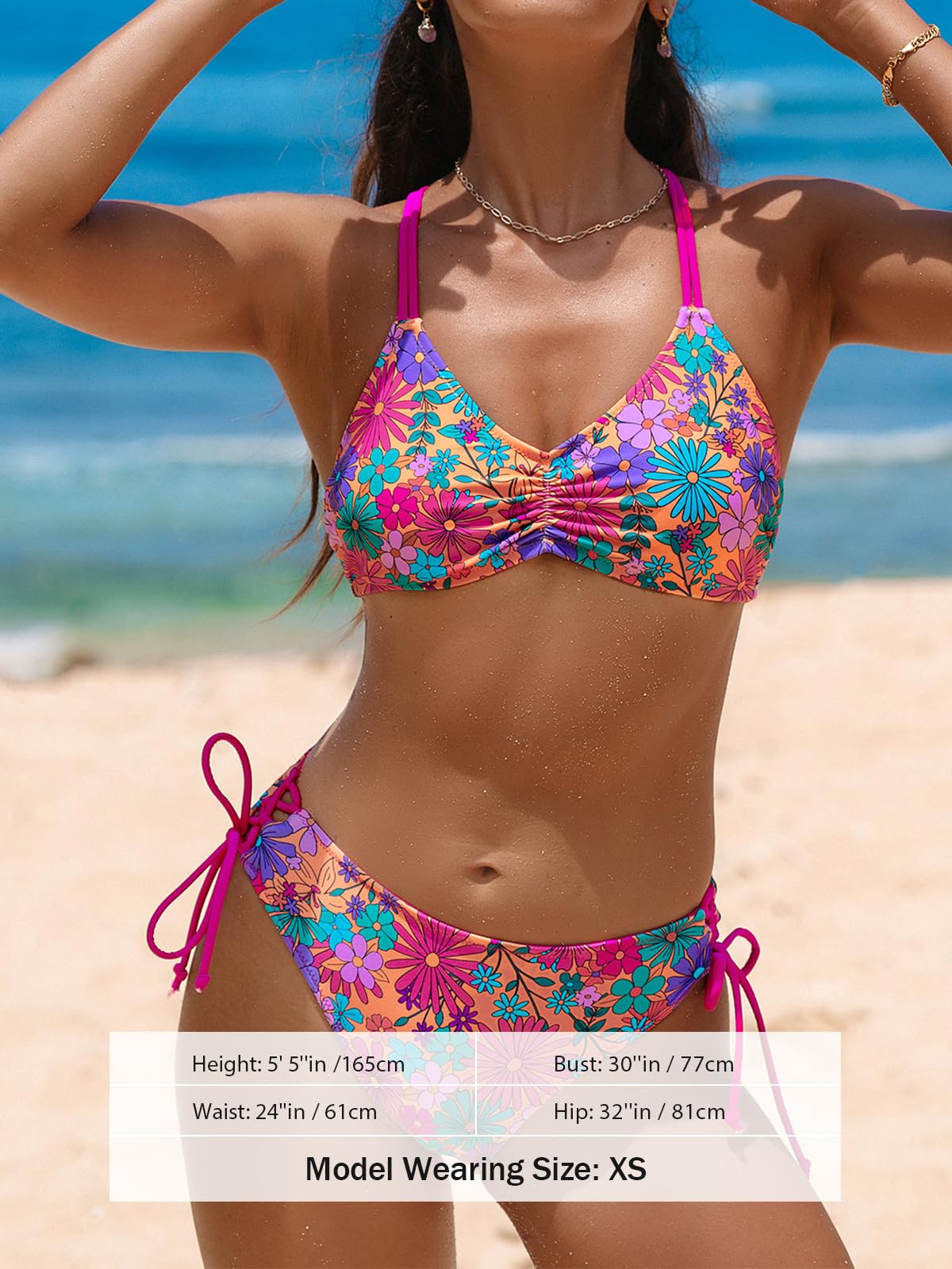 CUPSHE Women's 2 Piece Bikini Set Back Braided Straps with Reversible Bottom M, Magenta/Ditsy