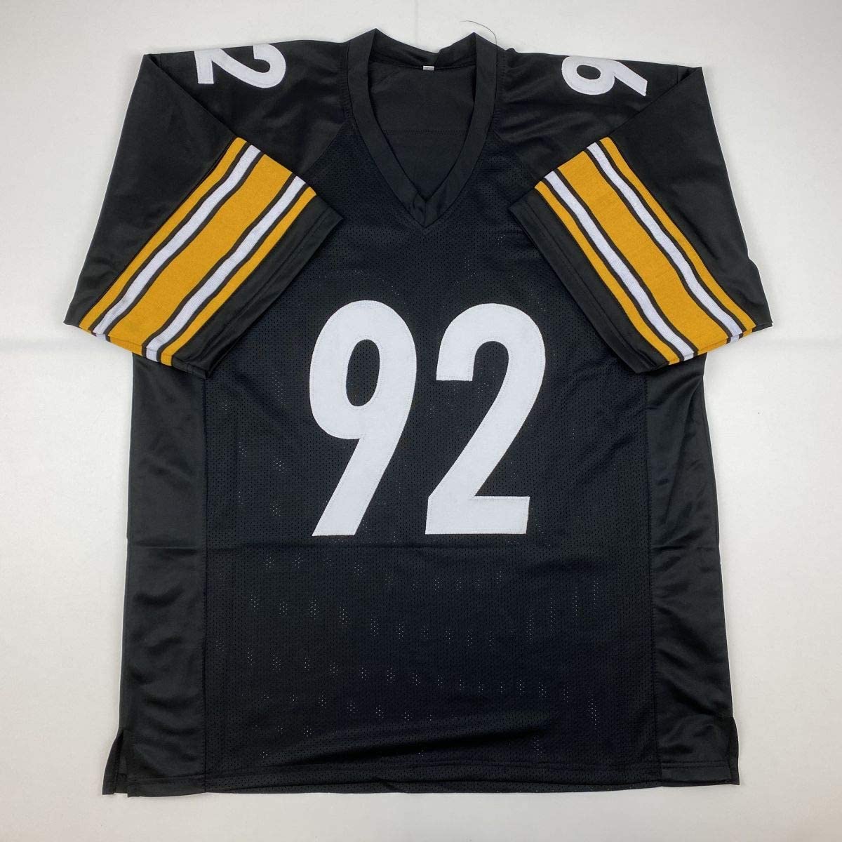 Autographed/Signed James Harrison Pittsburgh Black Football Jersey Beckett BAS COA