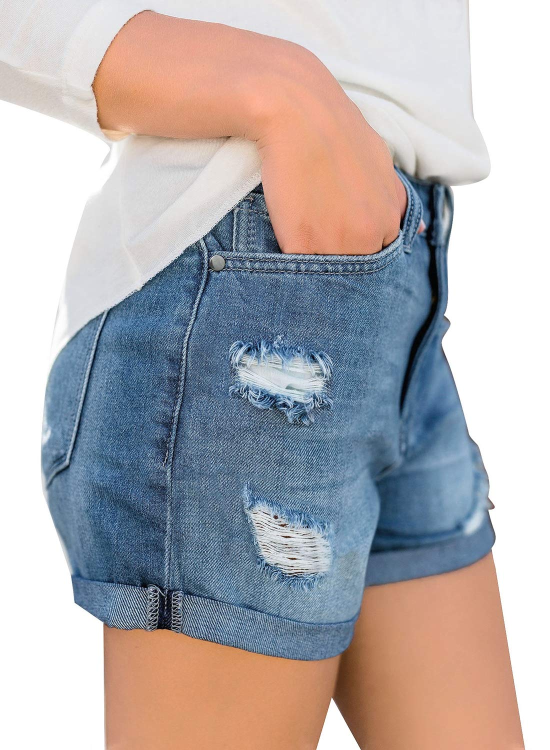 luvamia Women's Summer Casual Jean Shorts Stretchy High Rise Folded Hem Cutoff Denim Shorts 3 Inch Inseam Cute Shorts for Women Jive Outlasted Blue Size X-Large