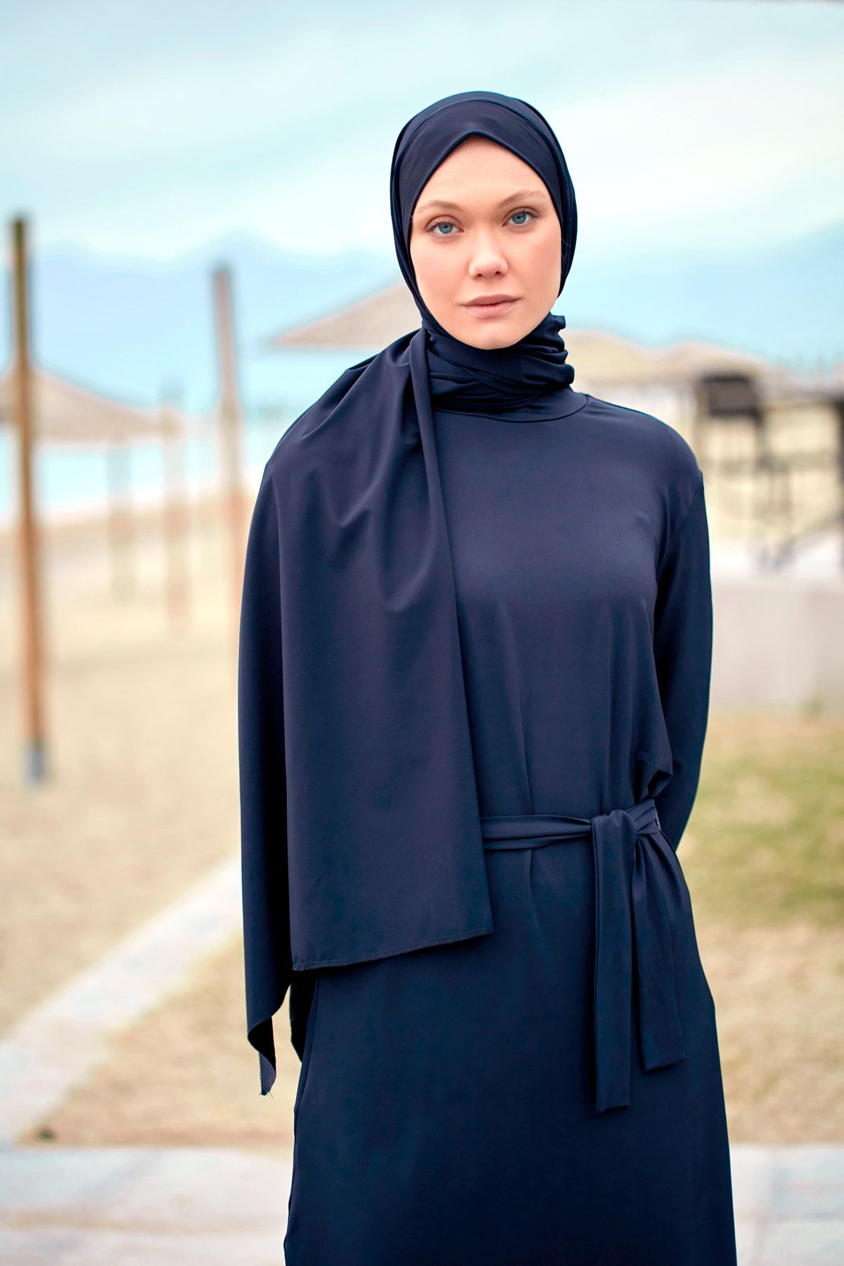 Navy Woven Practical Shawl Cap B2404