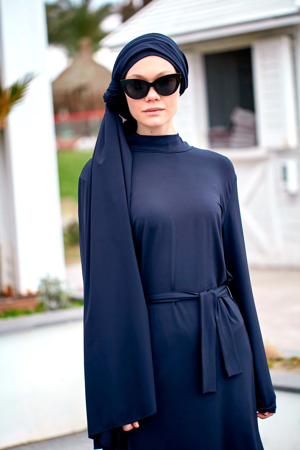 Navy Woven Practical Shawl Cap B2404