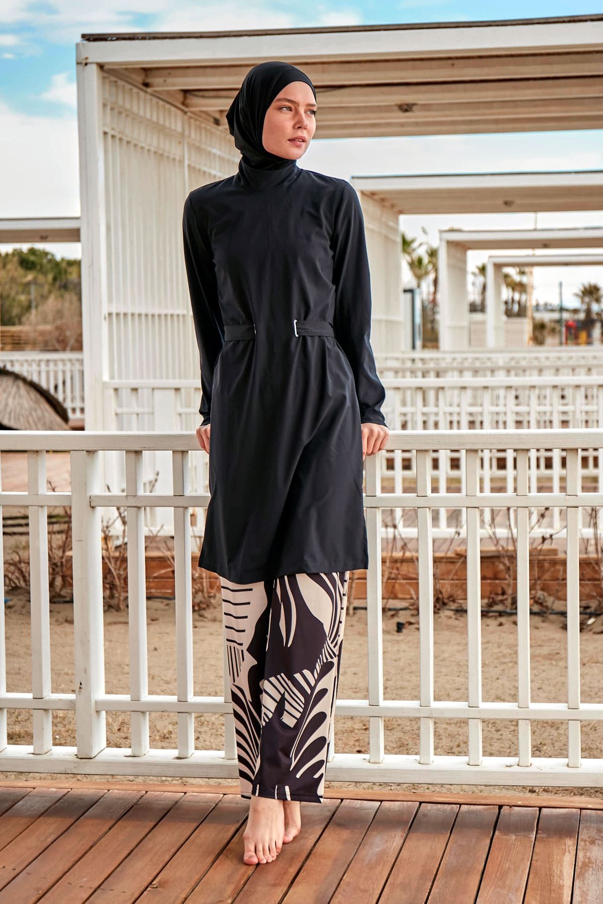 Woven Black Burkini Modest Swimwear M2424