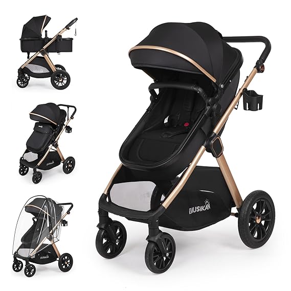6-in-1 Convertible Baby Stroller with Bassinet Mode - Toddler Stroller w/Footmuff, Rain Cover, Cup Holder & Large Storage, Newborn Stroller w/All-Scene Large Wheels, Reversible Seat(Black)