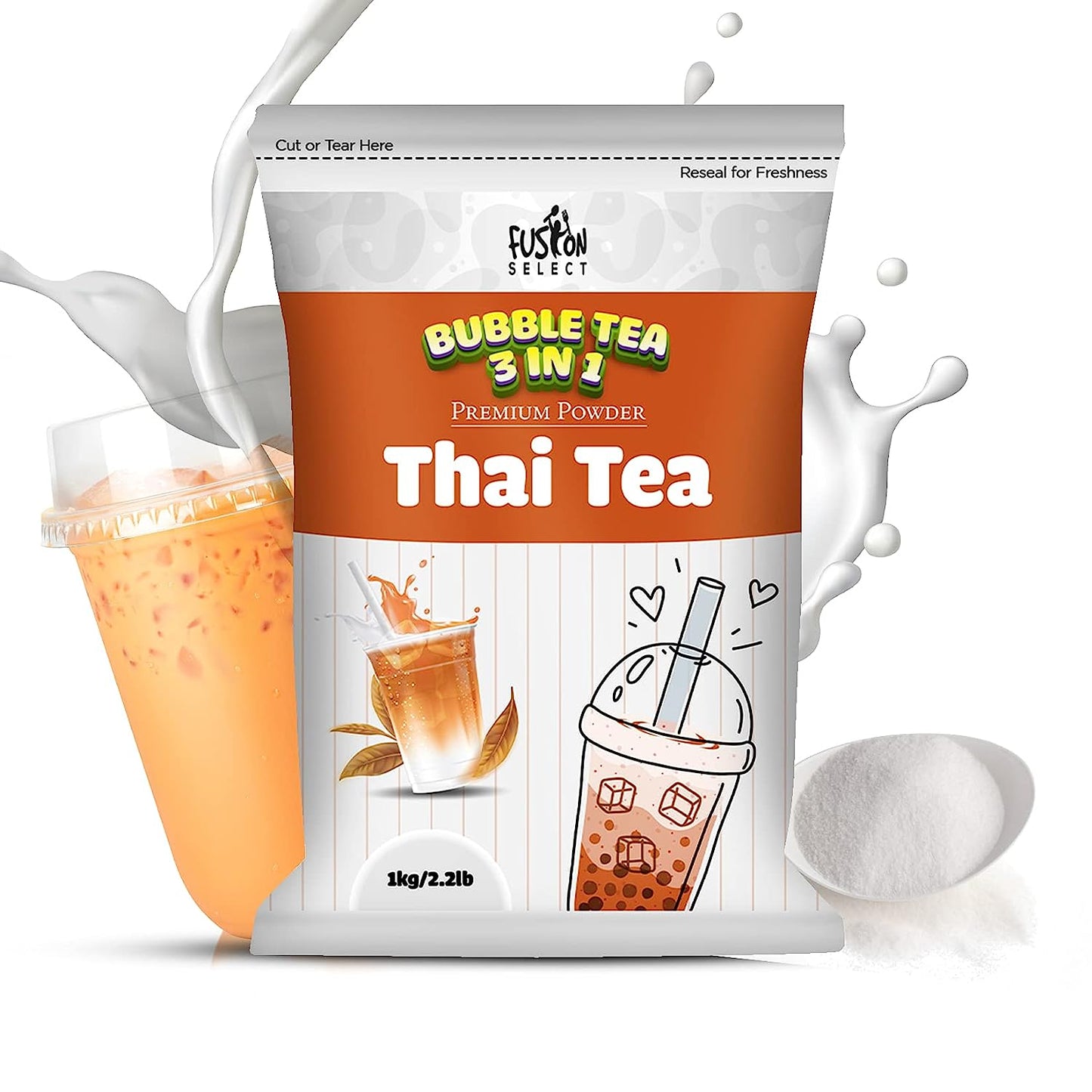 Fusion Select 2.2lb Strawberry Milk Tea Powder Flavored-3-in-1 Drink Boba Tea Powder with Cream & Sugar - Instant Pre-Mixed Beverage for Hot or Cold Blends or Yummy Frappes Bubble Tea
