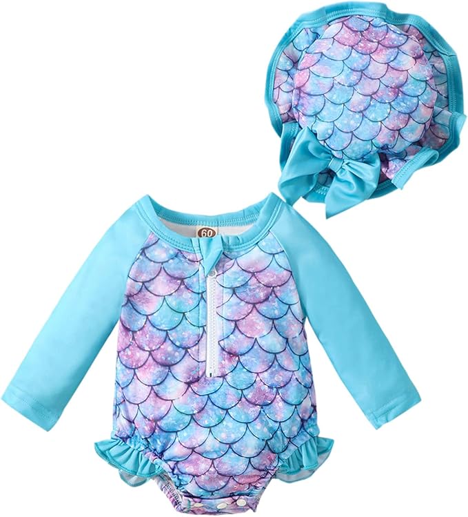 Baby Girls Swimsuit Long Sleeve Zipper Bathing Suit One Piece Swimwear with Hat