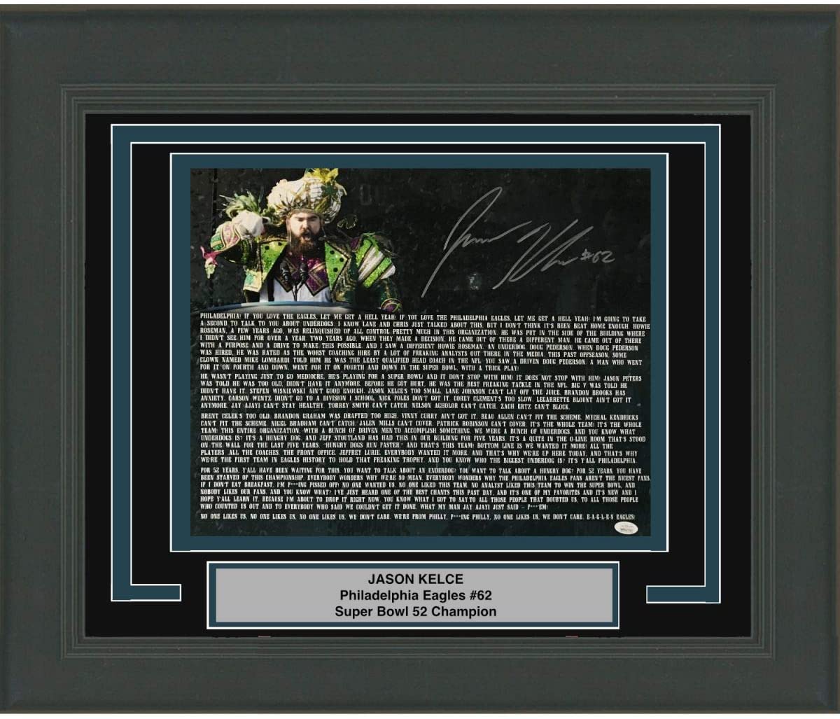 Framed Autographed/Signed Jason Kelce Super Bowl Parade Speech Transcript Mummers Philadelphia Eagles 16x20 Football Photo PSA/DNA COA