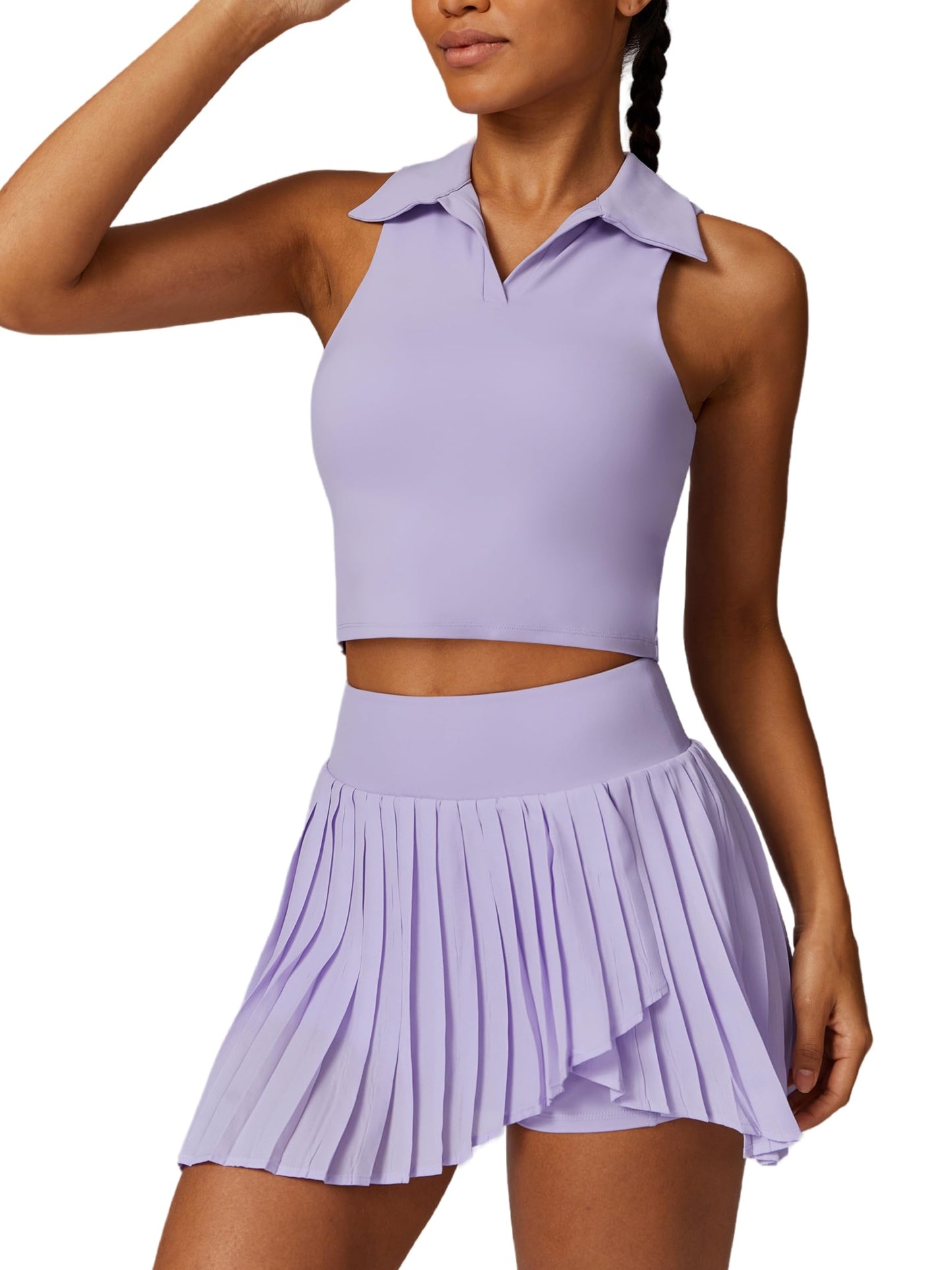 ABOCIW Womens Tennis Skirts Sports Bra Sets High Waist Pleated Golf Skorts Skirt V Neck Collar Workout Crop Tank Tops 2 Piece Outfits #1 Purple Medium