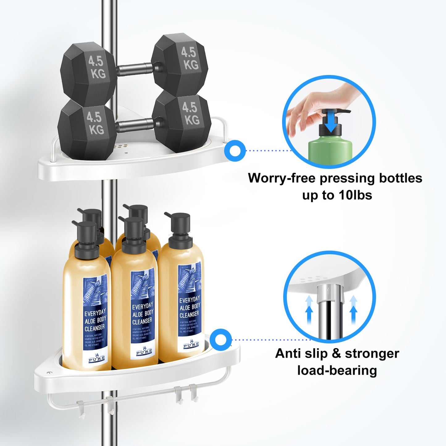 Corner Shower Tension Pole: Adjustable Stainless Steel Organizer 4 Tier Shelf