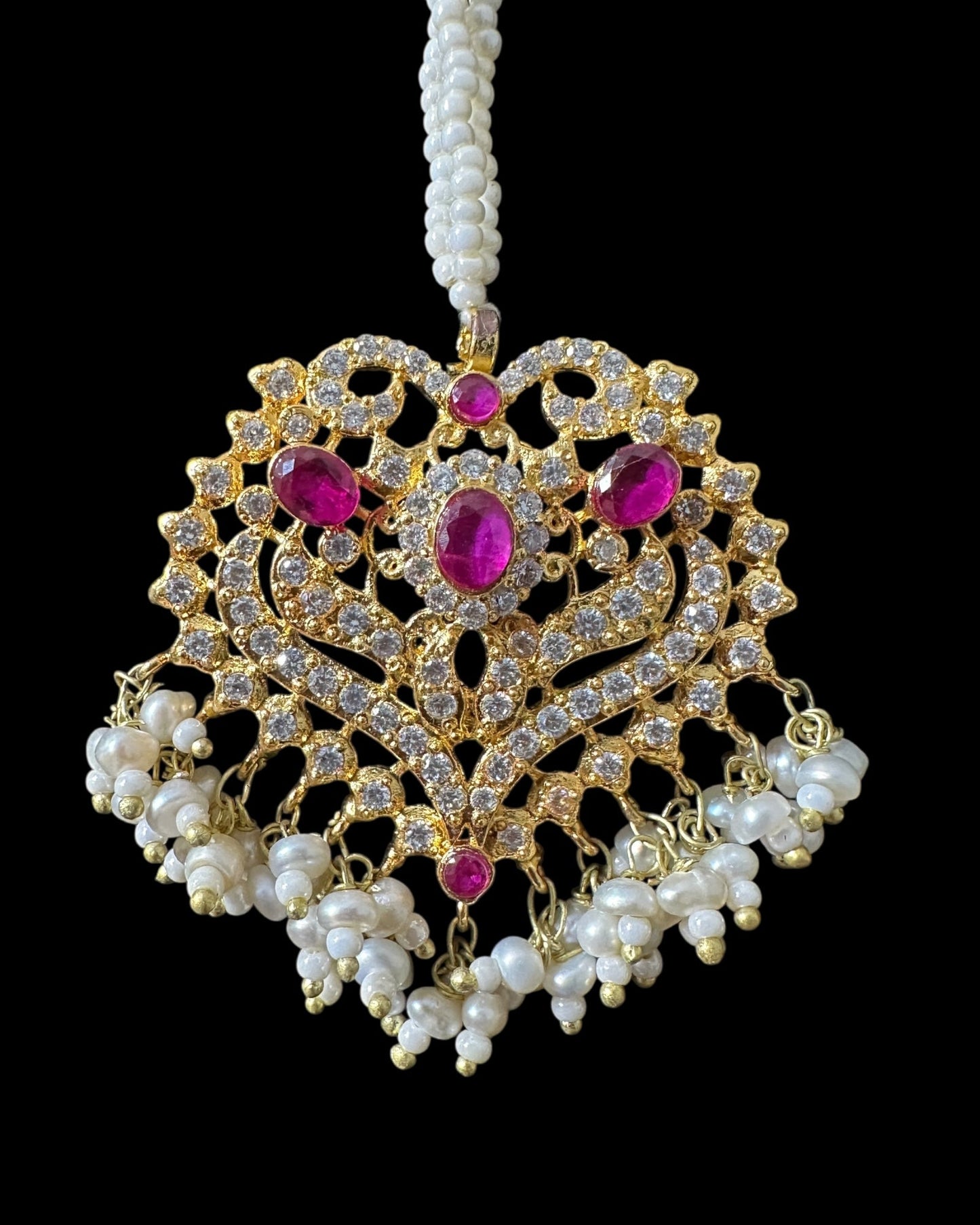 BR465 RAABYA ruby and pearl with zircon bridal choker set with earrings tika ( READY TO SHIP )