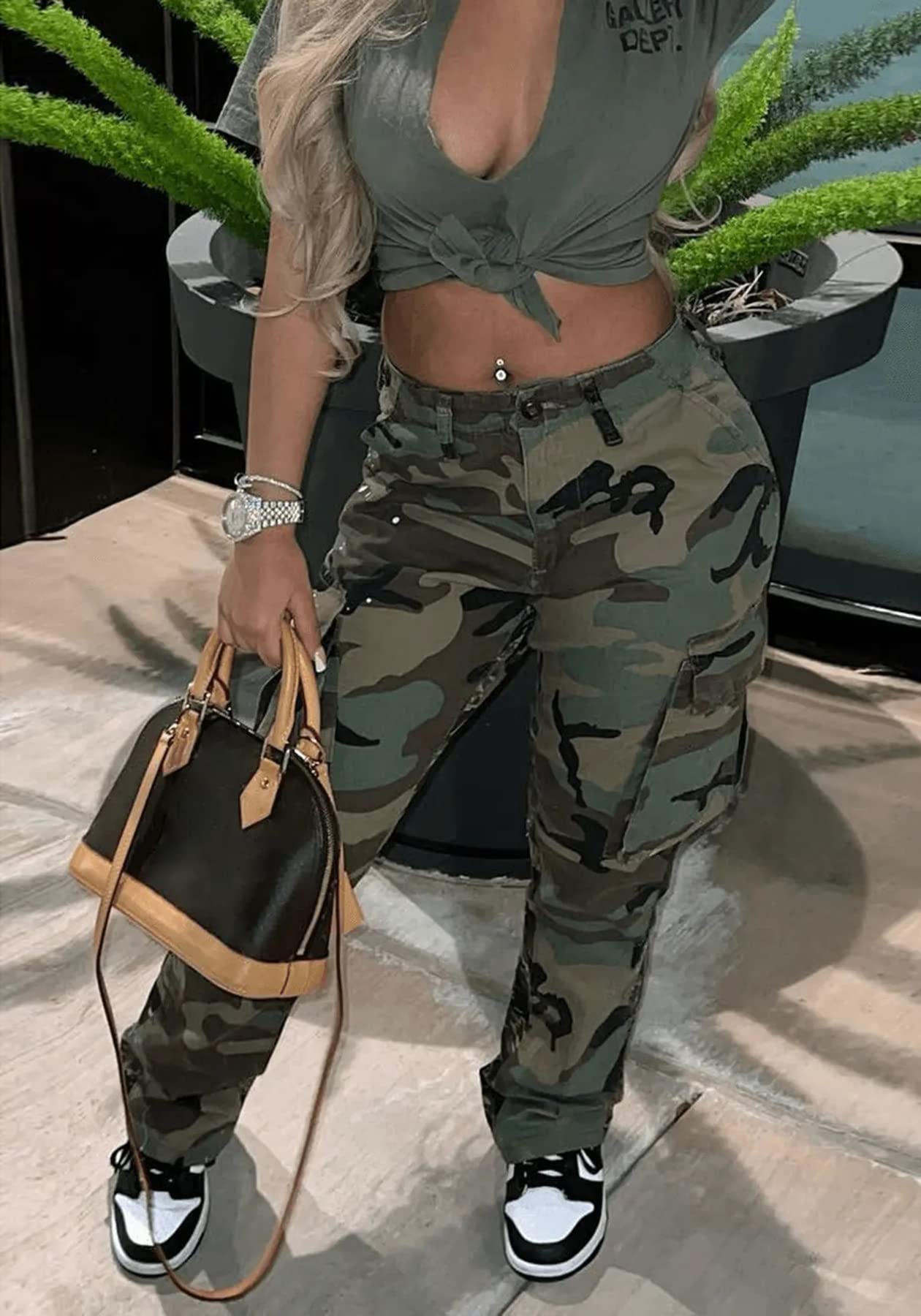 Women's Camo Cargo Pants High Waist Camouflage Casual Long Skinny Joggers with Pockets